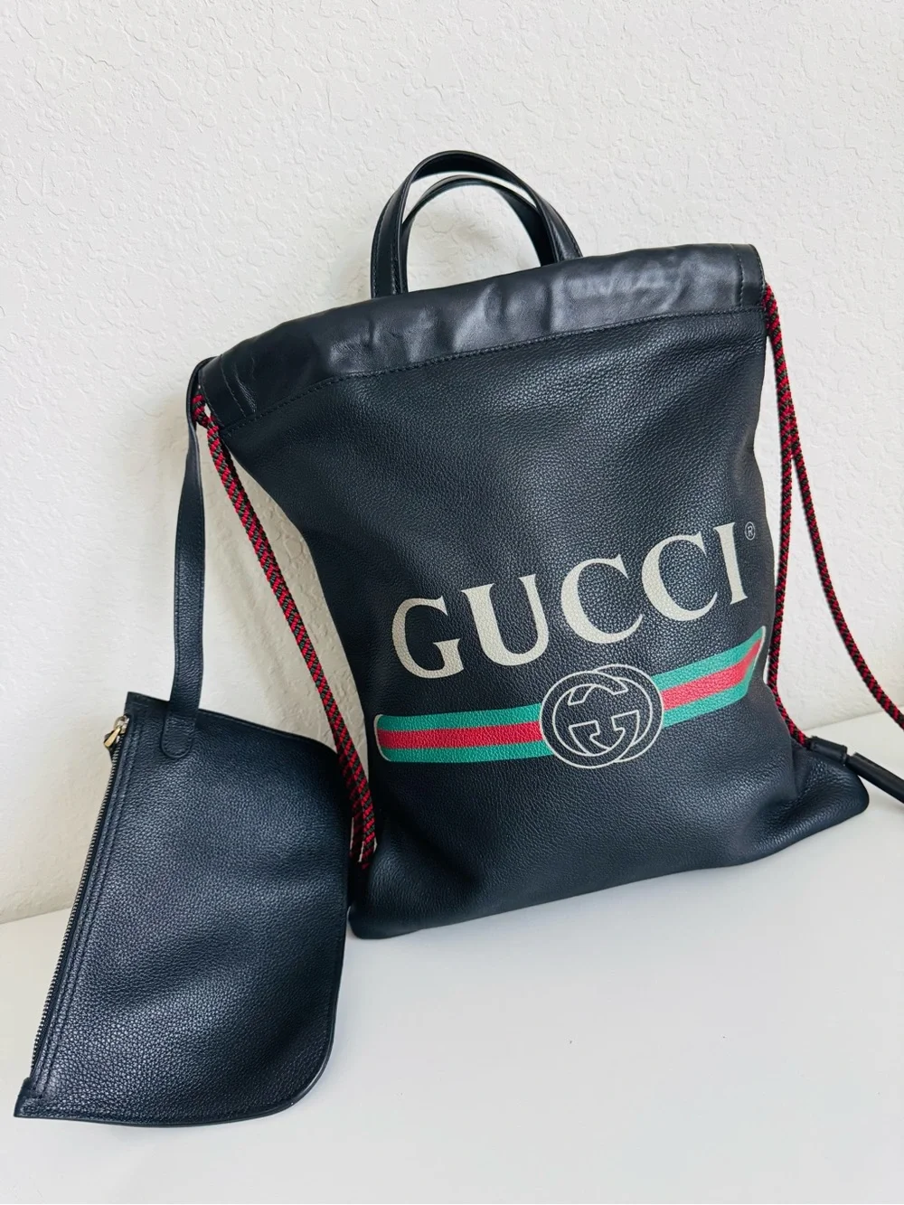 Gucci Black Leather Drawstring Backpack with Green-Red Web Stripe